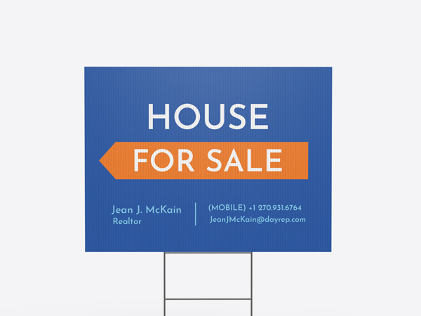 Blue and orange House for Sale yard sign with an H-stake base.
