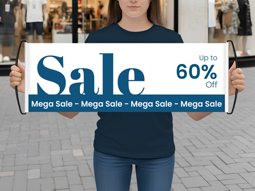 A blue and white promotional hand banner showcasing a mega sale with discounts reaching 60%.