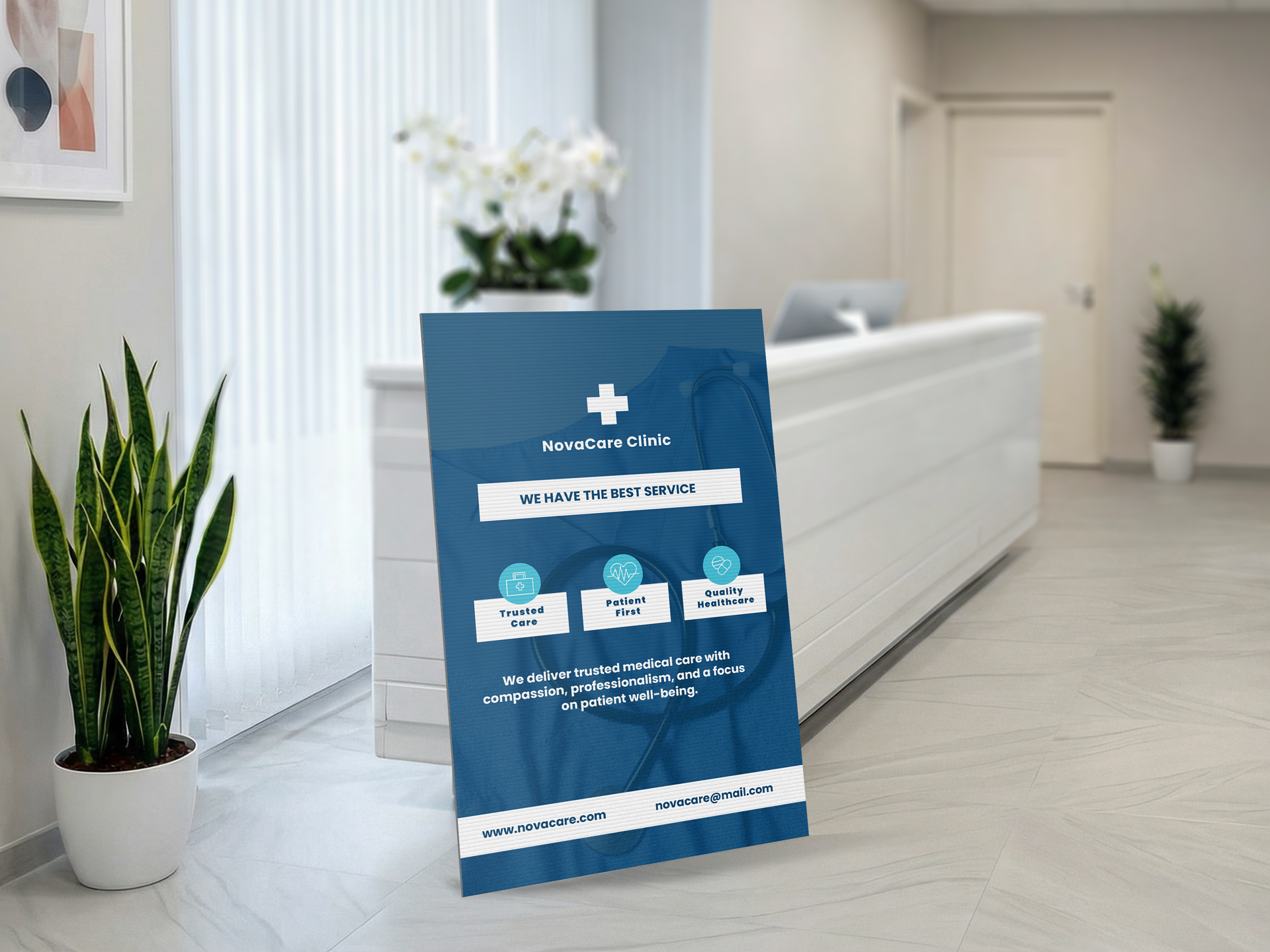 A custom standee in a lobby of a clinic featuring the clinic's name and logo.