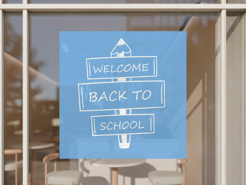 Modern back to school sign featuring welcome message with directional arrows design.