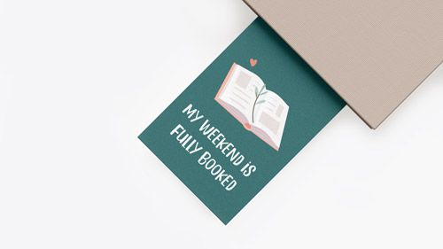 Bookmark with 'My Weekend is Fully Booked' quote and a book image on turquoise background