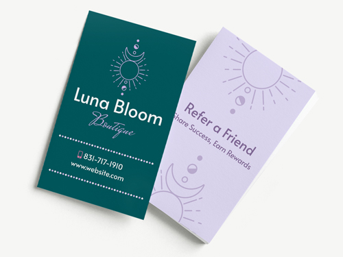 Luna Bloom boutique referral standard business cards, featuring a call-to-action motto