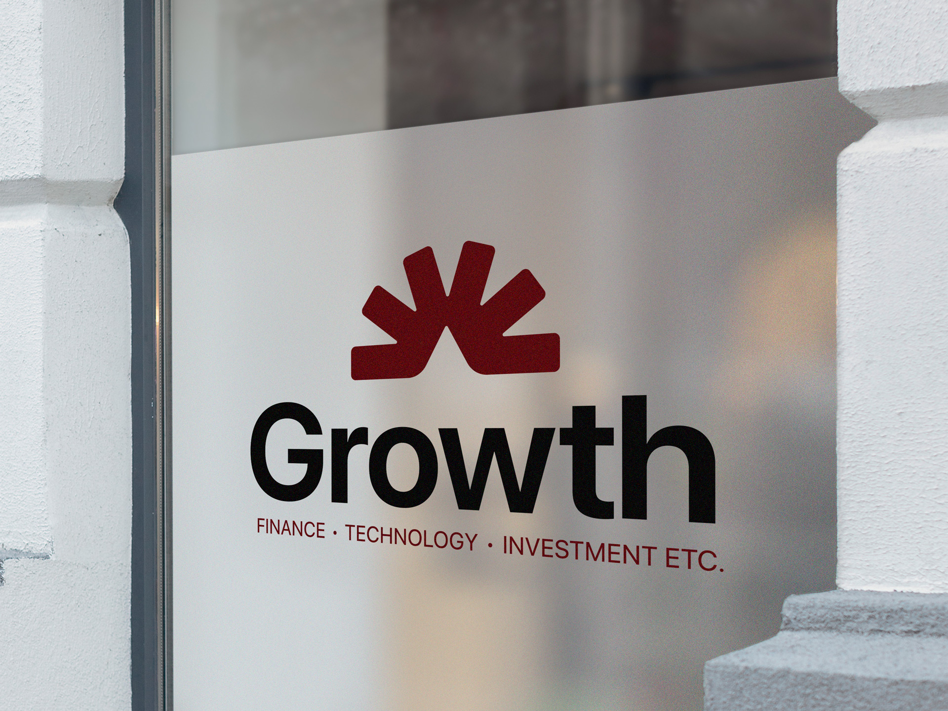 Branding frosted window decal displaying the company name and logo with services