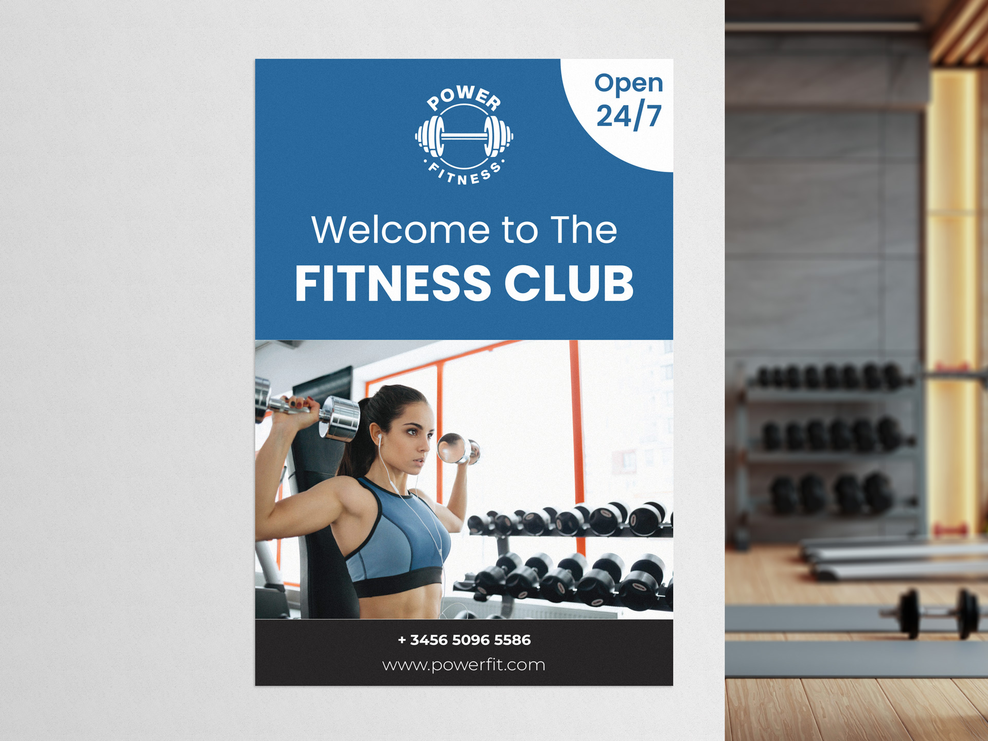 Fitness Club wall decal with a welcoming message and a woman's image in a gym
