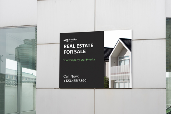 A wall mounted real estate PVC sign hanging on a building facade.
