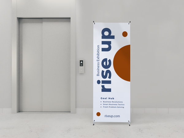 A business expo x-stand banner in blue, white, and orange with the event name and information highlighted on it.
