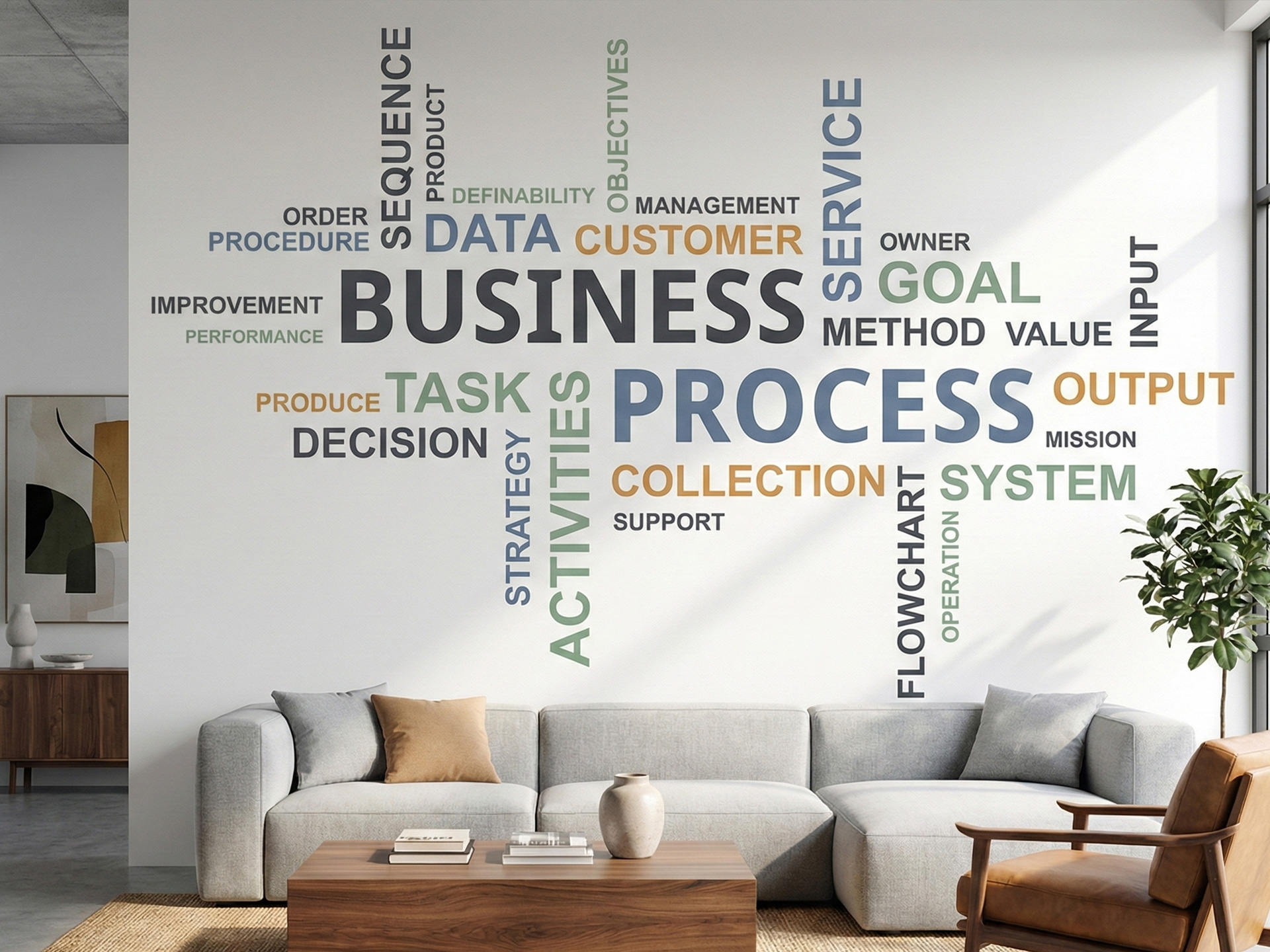 Vinyl wall lettering in a business space reading different messages