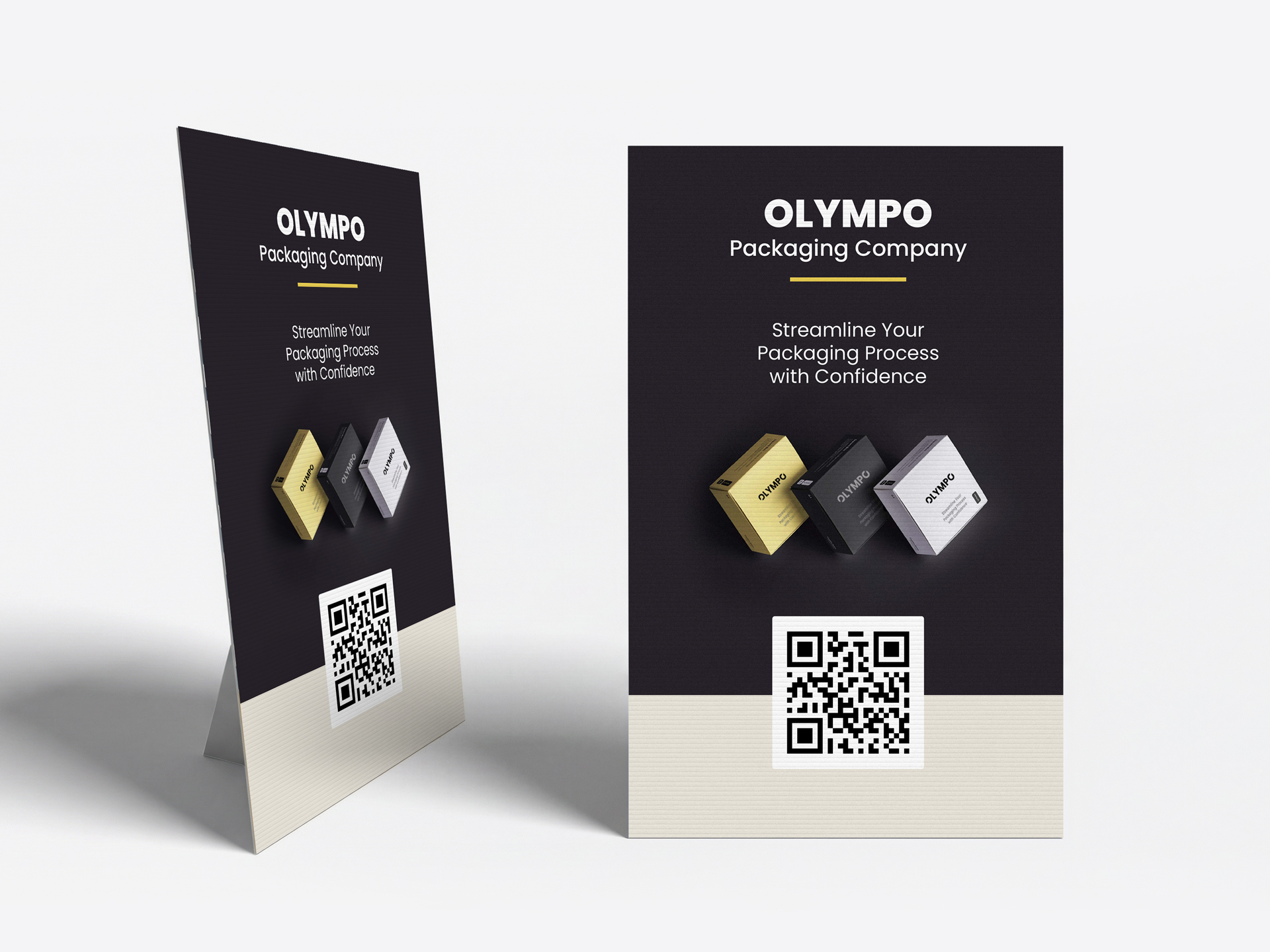 Olympo Packaging Company custom standee featuring the product image and a QR code.