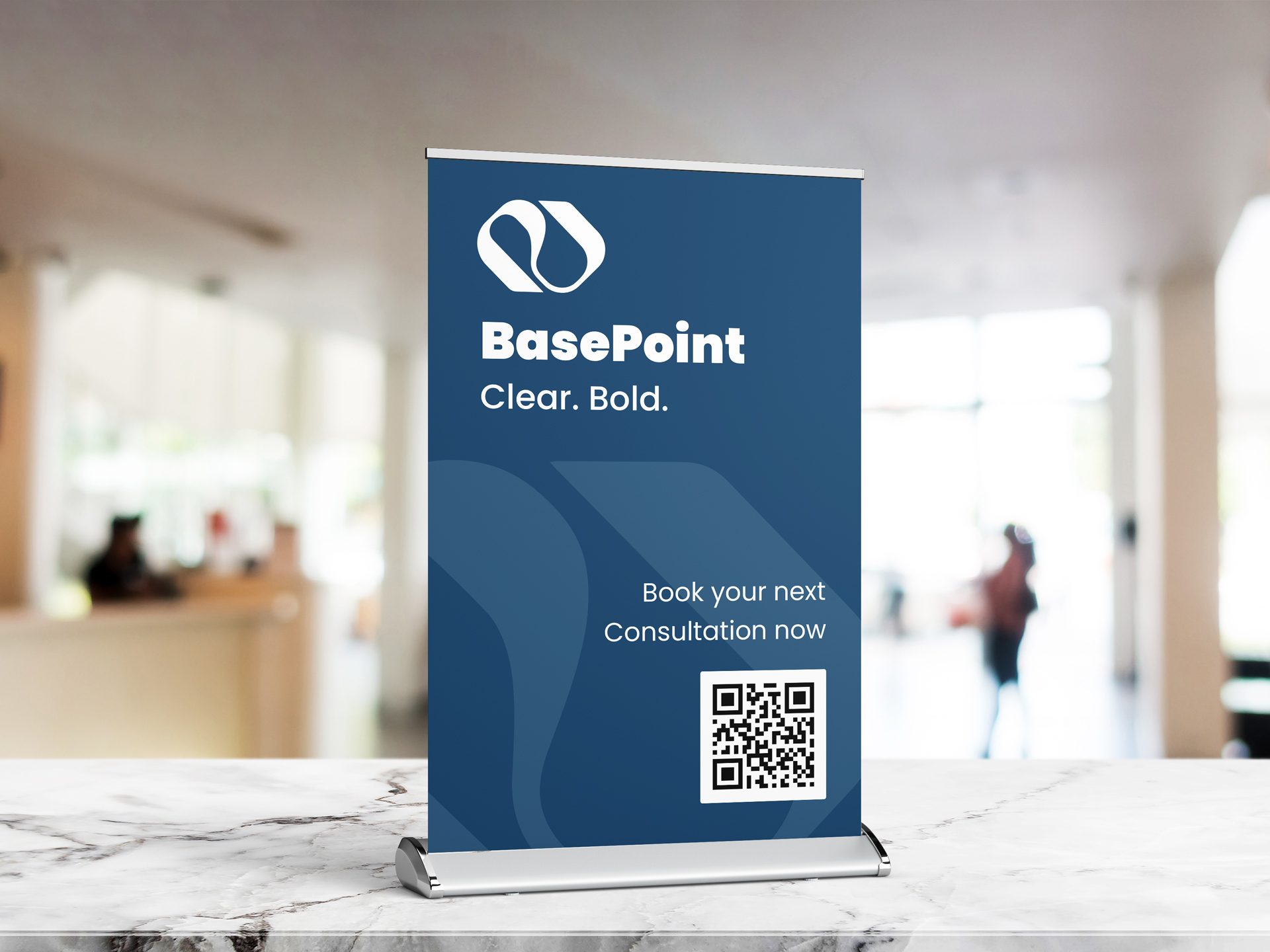 BasePoint retractable banner with QR code for booking consultation appointments.