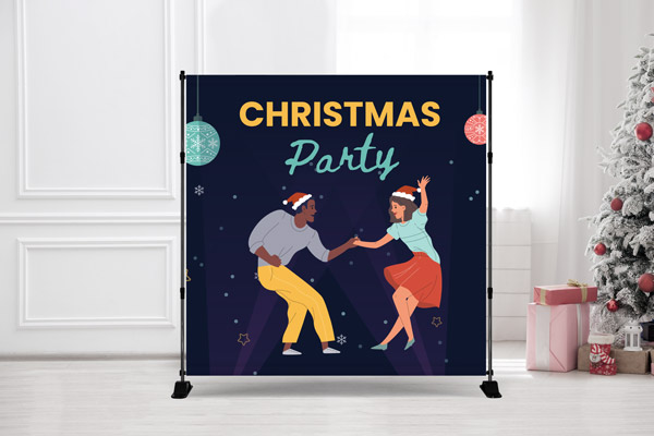 A dark blue telescopic banner displaying illustrations of a dancing man and woman under the words Christmas Party.