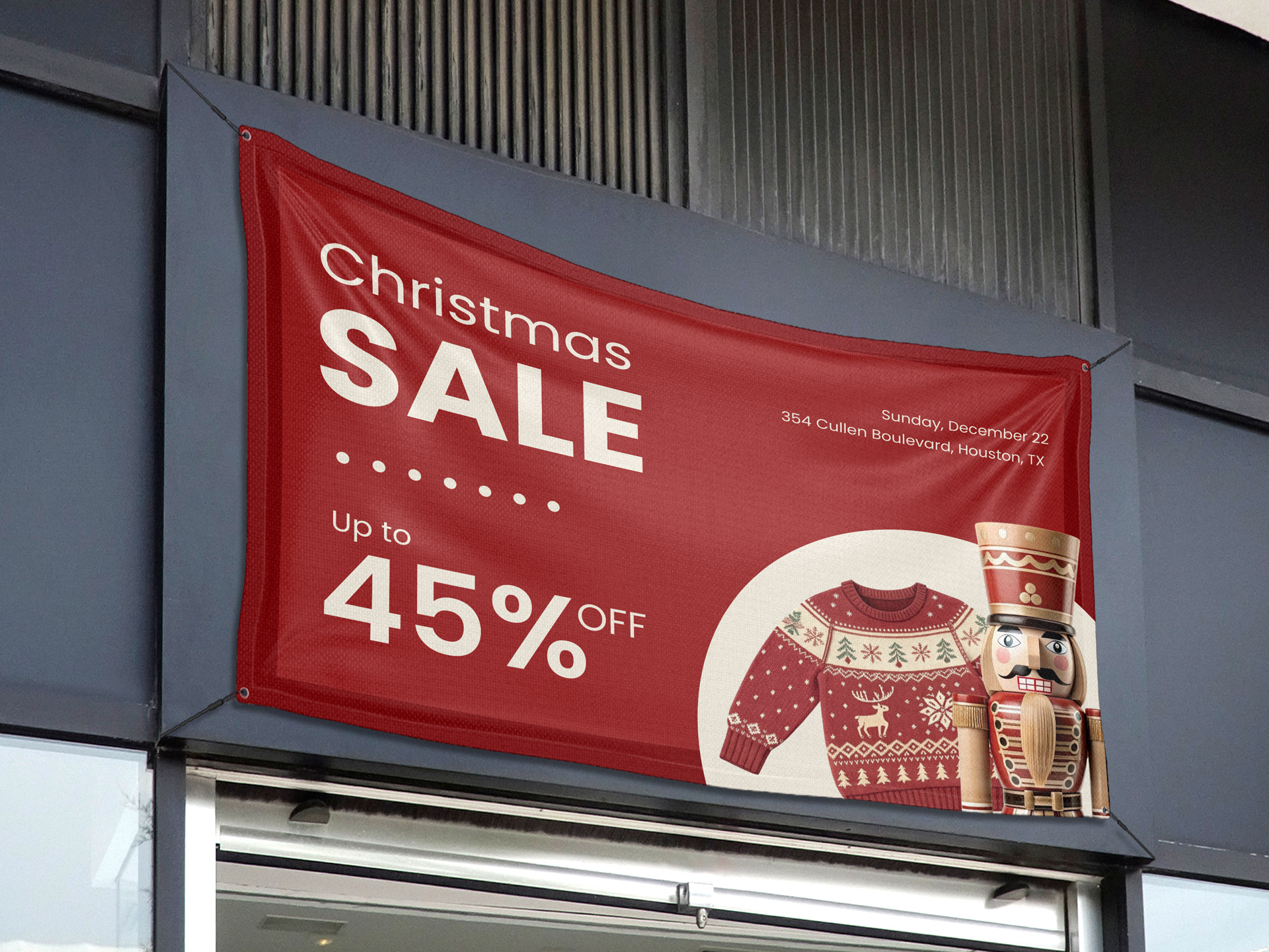Christmas vinyl banner promoting holiday sale up to 45 percent off.