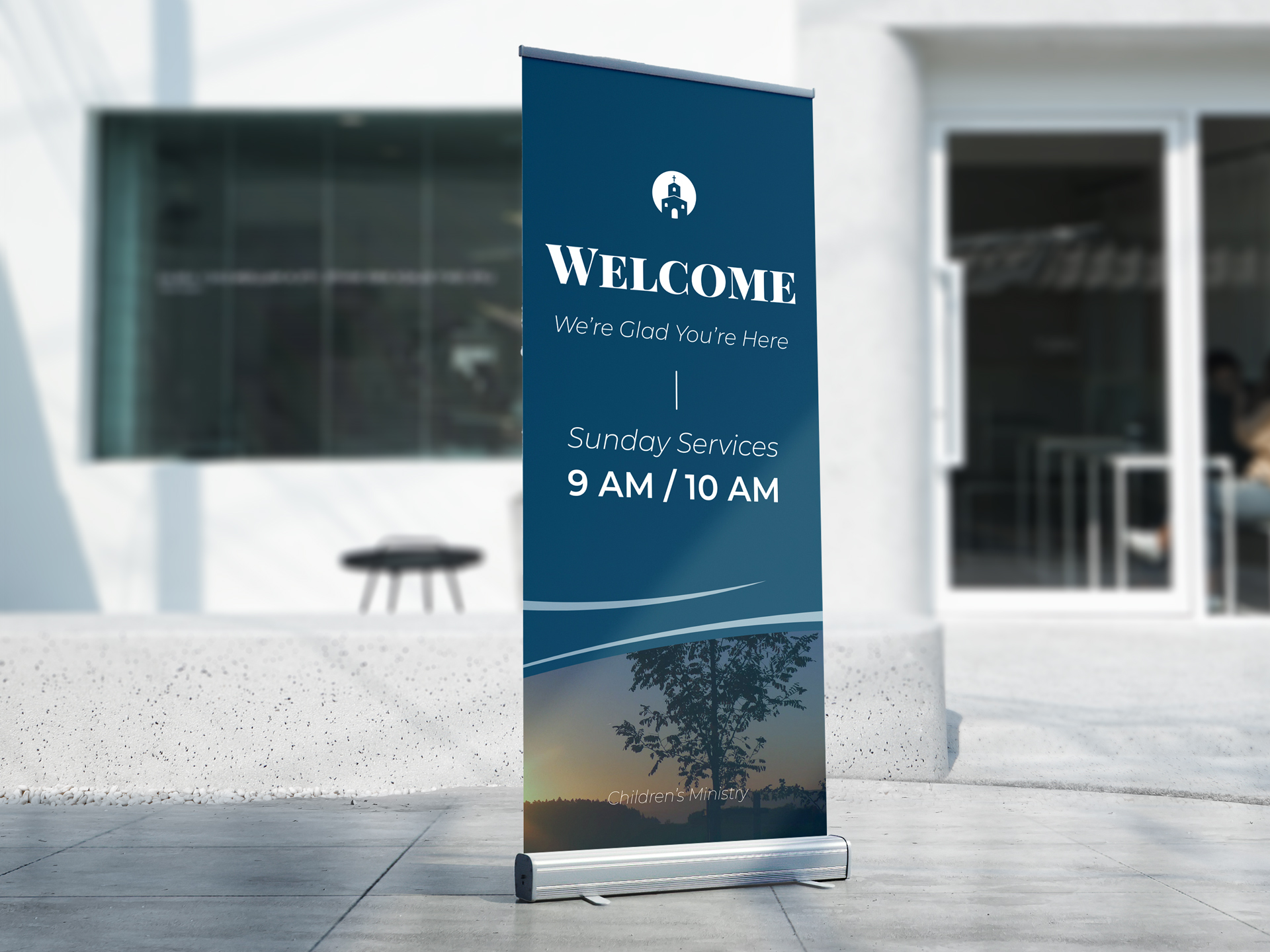 Welcoming church blue retractable banner displaying Sunday Service hours.