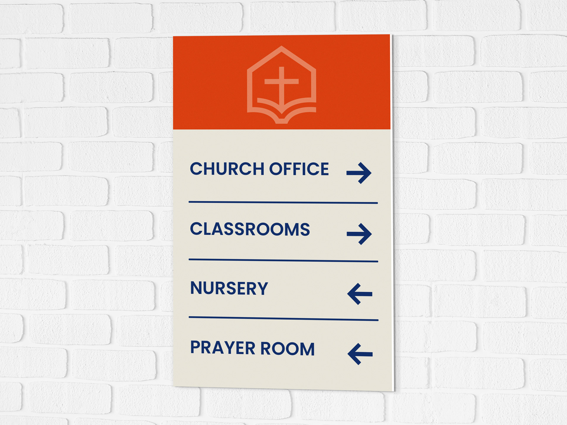 Church PVC sign with directional arrows pointing to various zones and mounted on the wall.