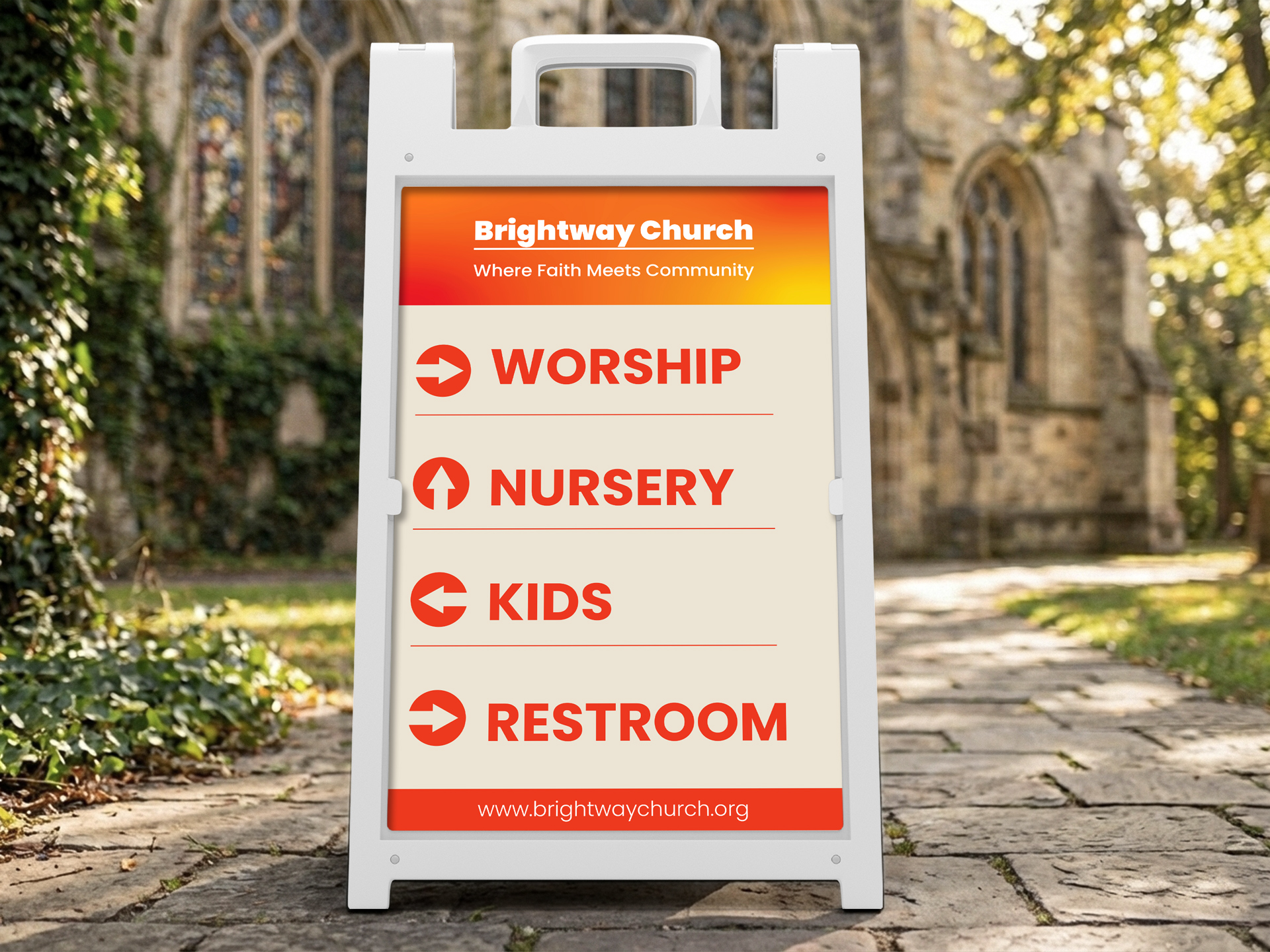 Directional church wayfinding sandwich board pointing to Worship, Nursery, Kids, and Restroom.