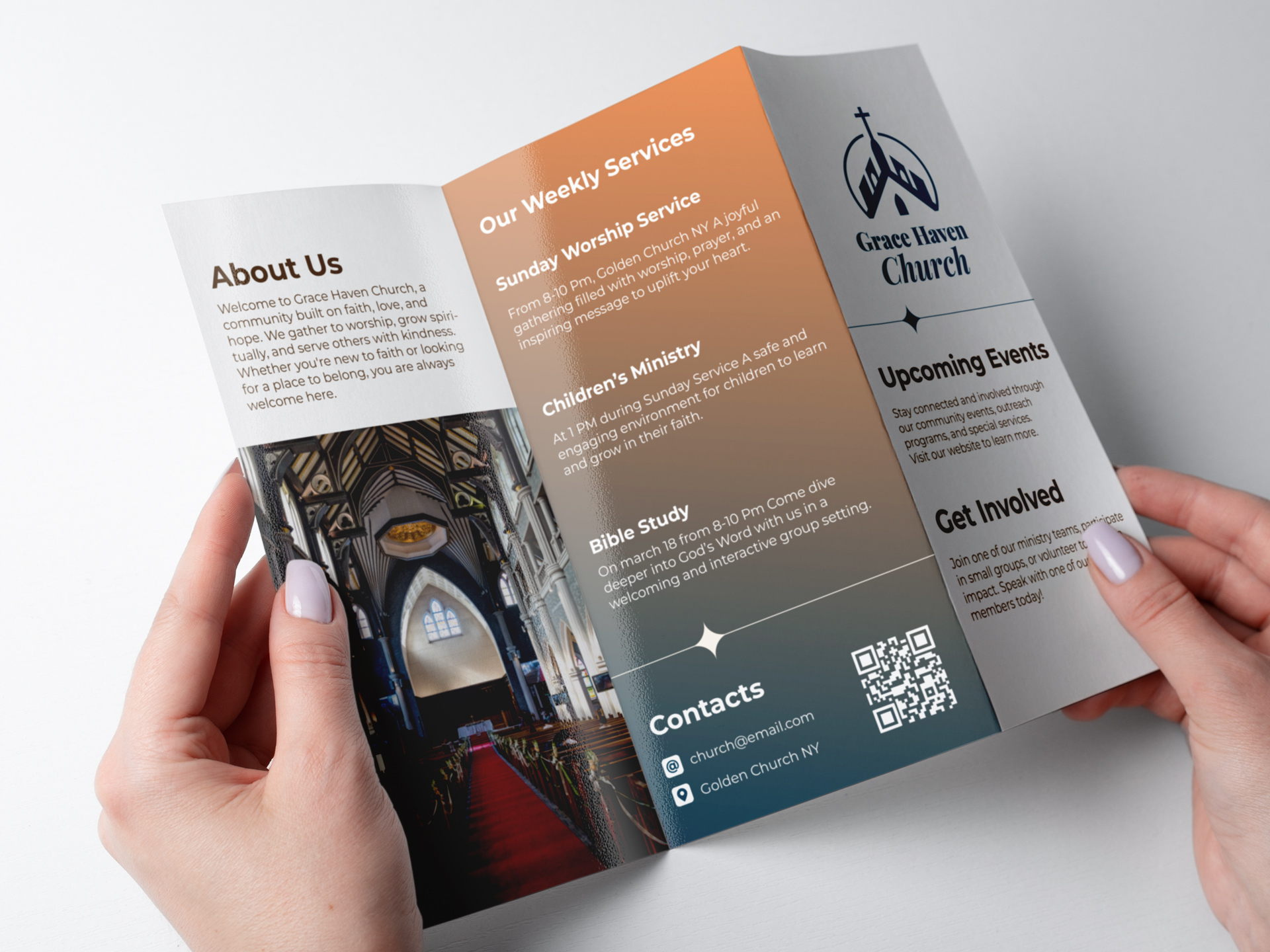 Church event brochure printing with service list and upcoming events.