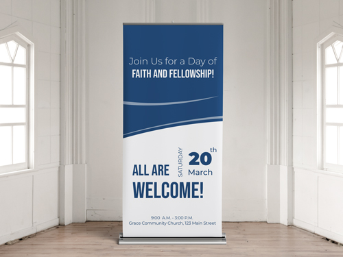 Church event roll-up banner announcing a day of faith and fellowship on March 20th at Grace Community Church, with blue and white design and welcoming message.