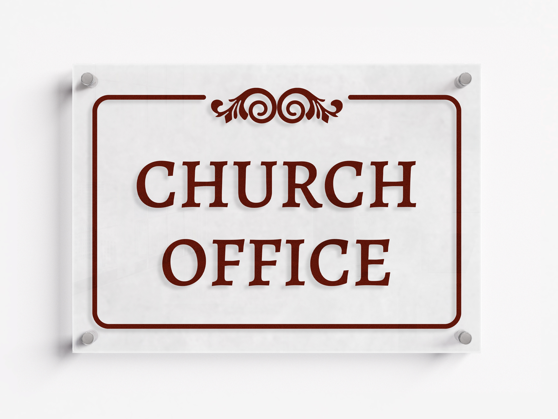 Church office acrylic sign with a decorative frame around.