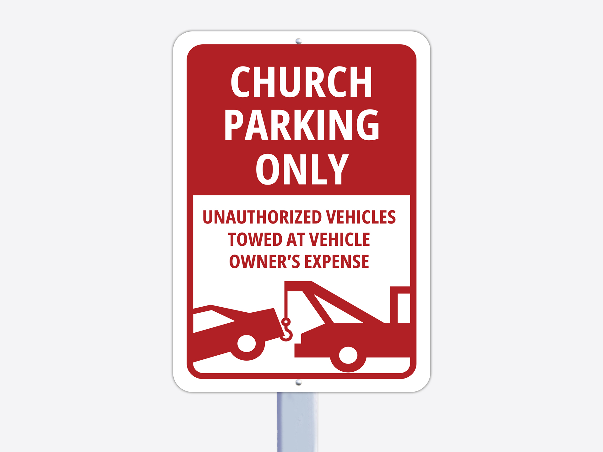 Church Parking Only sign showing towing warning for vehicles parked in unauthorized areas.