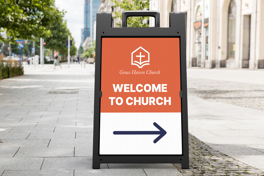 Welcoming sandwich board for churches with a directional arrow pointing to the right.
