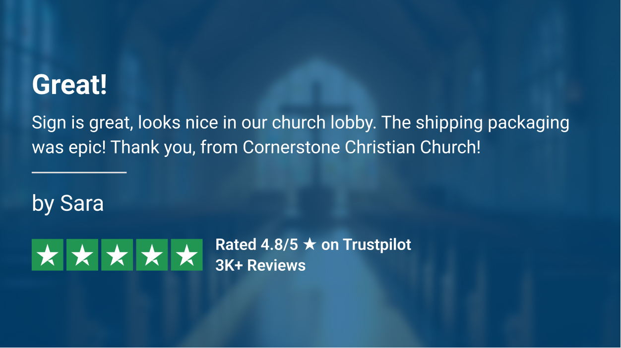 5-star Trustpilot review praising church lobby sign quality and shipping from Cornerstone