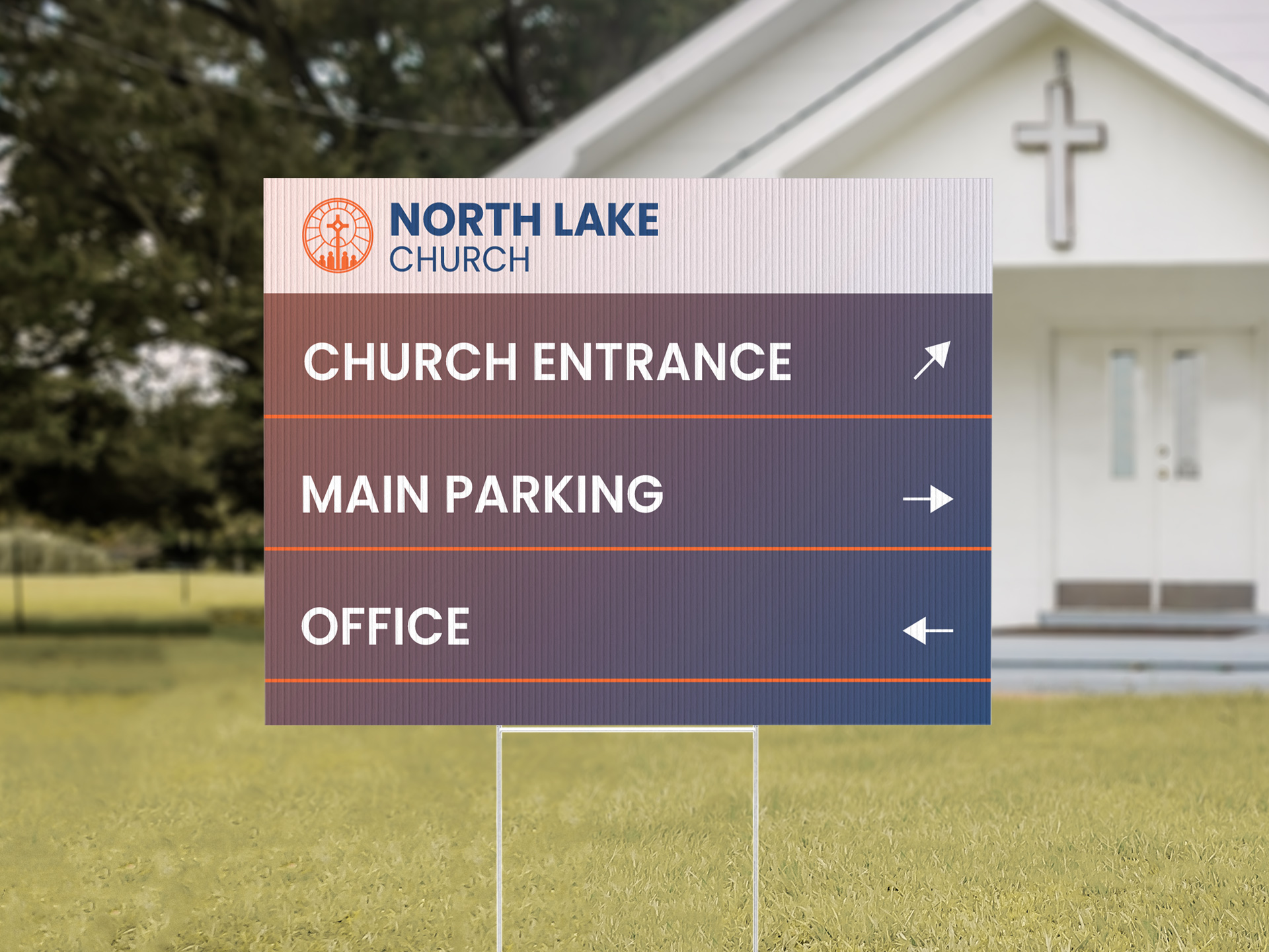 North Lake church yard sign pointing to Church Entrance, Main Parking, and Office.