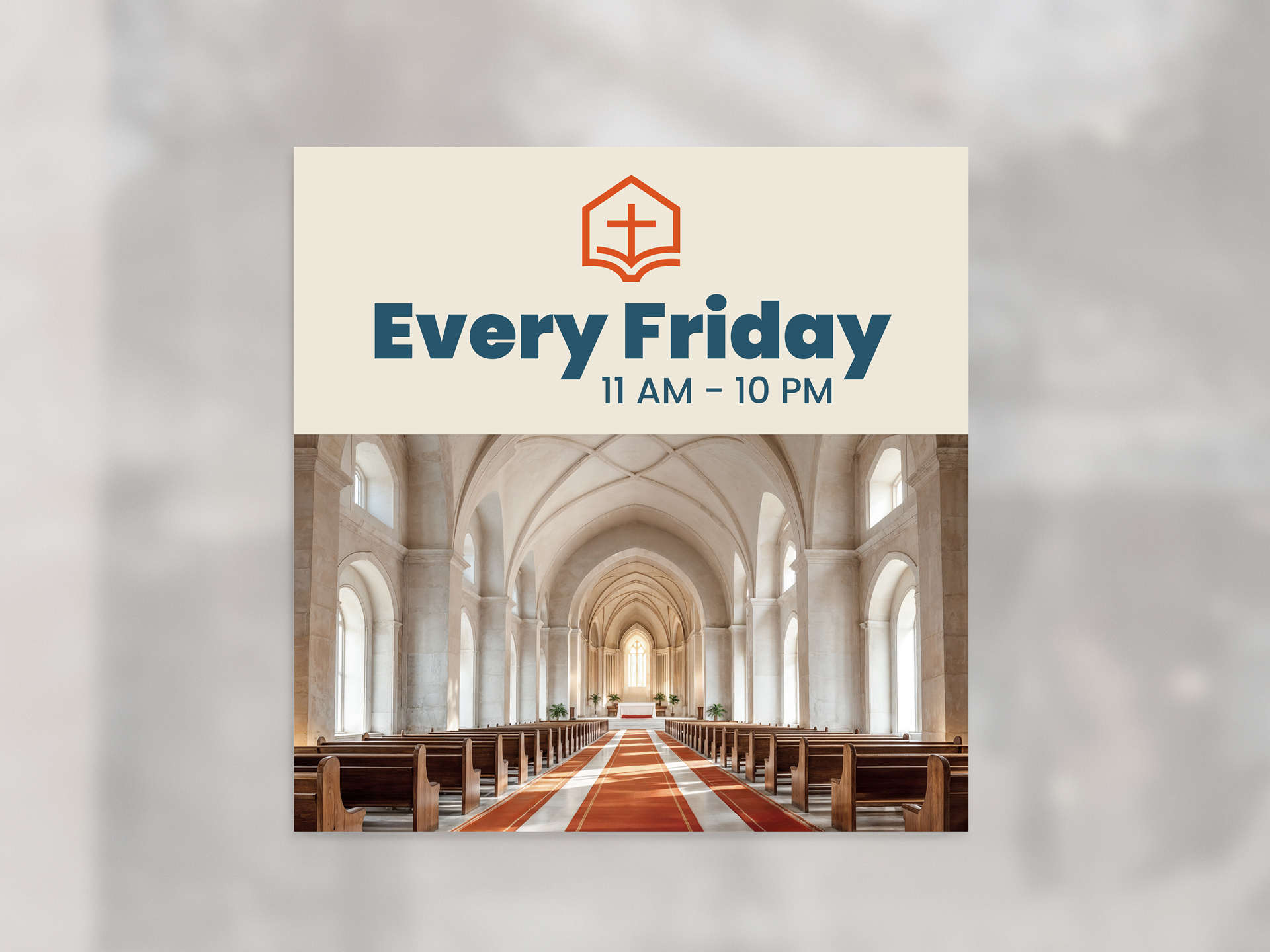 Church window decal reading Every Friday with an image of the church interior.