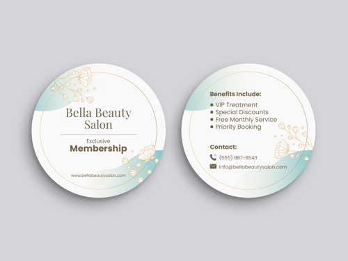 Salon membership circle shaped business cards, displaying benefits and contact information