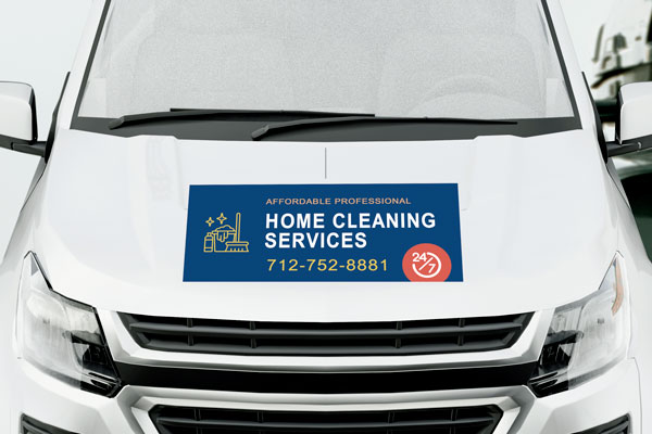 A home cleaning service company advertising decal adhered to the hood of a company truck.