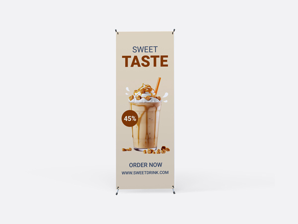 A coffee shop x-stand banner showcasing a discount promotion the shop is running.