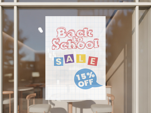 Creative back to school sign with hand drawn text and 15% off discount offer.
