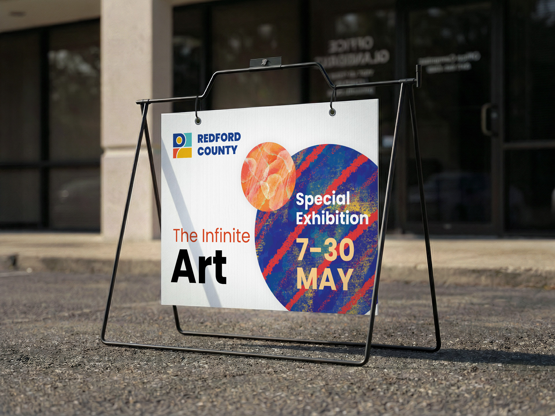 Art exhibition A-frame sign outside building