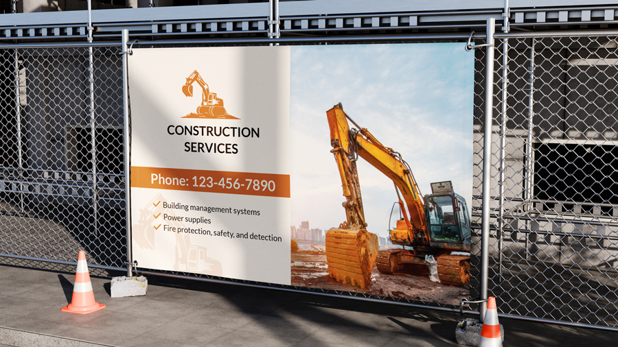 Construction services fence banner with excavator and company contact info.