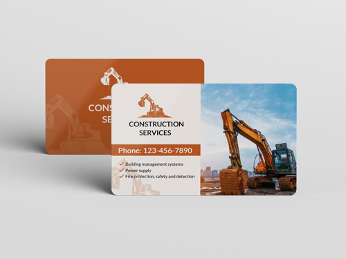 Sleek plastic business cards for construction sector with an excavator image and contacts