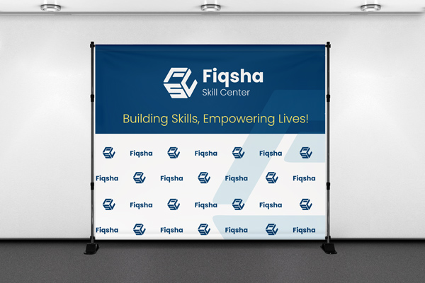 A corporate branding telescopic banner showcasing the company name, logo, and motto over a white field containing smaller logos.