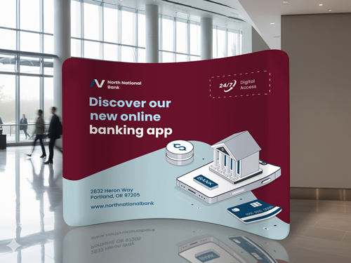 Corporate curved tension fabric display advertising a banking app with promotional visuals.