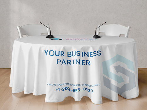 A corporate event white round table cover.