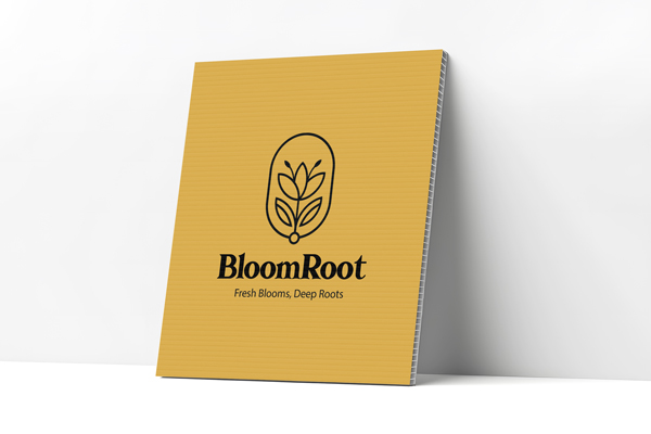 A corrugated plastic sign with floral logo and slogan “Fresh Blooms, Deep Roots”.