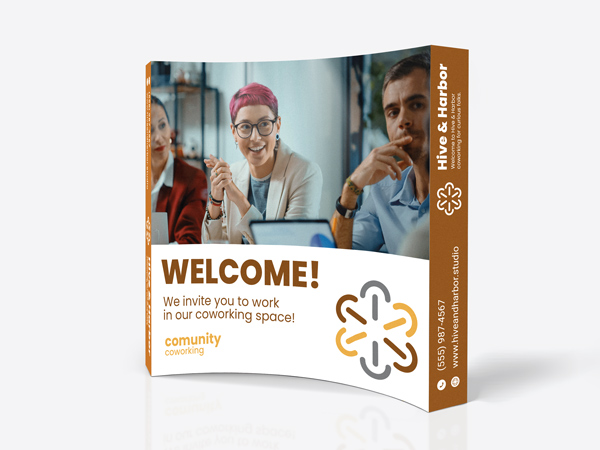 Coworking space curved pop up display with welcome message design