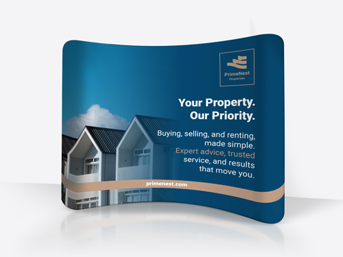 Real estate curved tension fabric display reading Your Property, Our Priority.