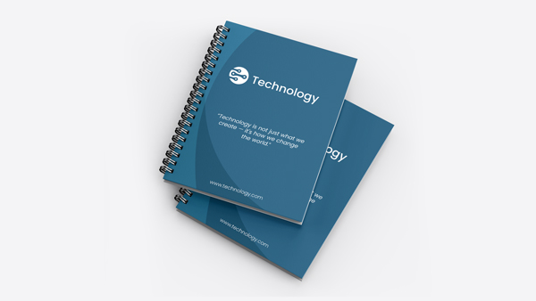 Custom notebook with blue cover, Technology text, and a printed logo.