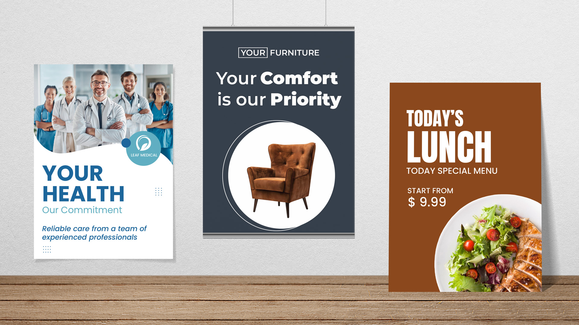 A selection of custom posters mounted on the wall and placed on a board.