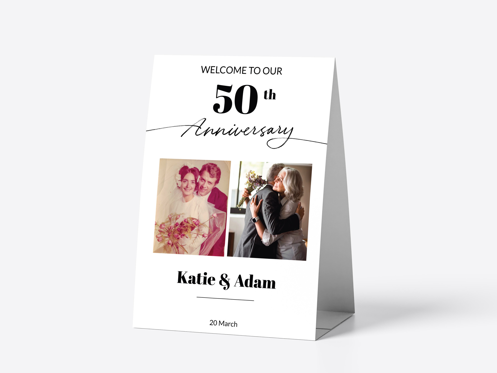 Wedding anniversary table tent for Katie and Adam's 50th celebration.