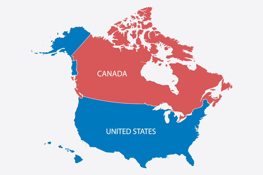 A map of the United States and Canada highlighting our shipping coverage.