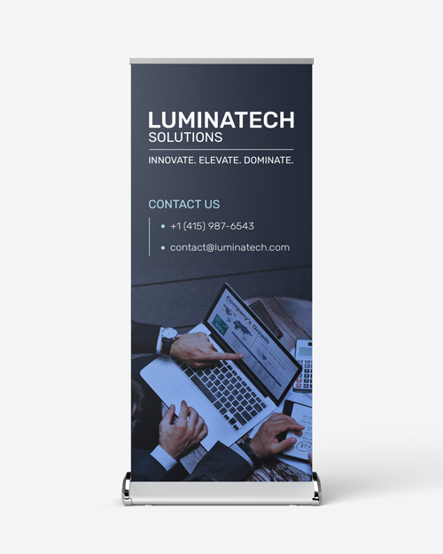 Corporate retractable banner for Luminatech Solutions with contact information and business-focused imagery.