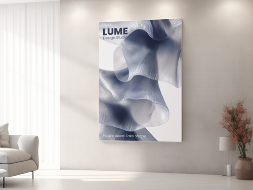 Design studio branding on a wrapped canvas print displaying the brand name with some abstract art.