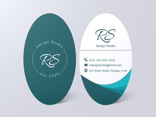 Oval shaped business cards for RS Design Studio, showing the studio's logo and key details