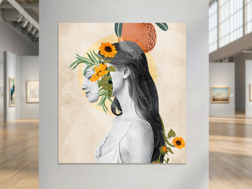 An artistic portrait of a woman printed on a dibond sign and wall-mounted in a gallery.