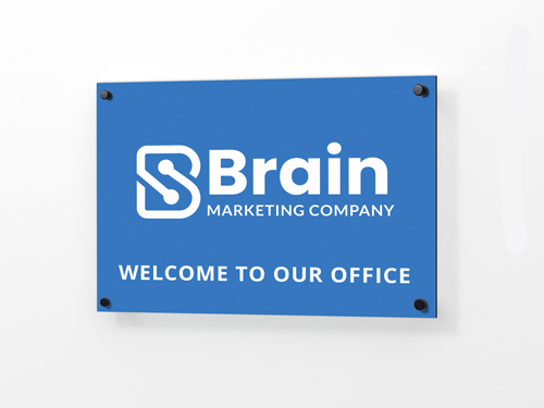 Brain marketing company Dibond sign with company's logo.