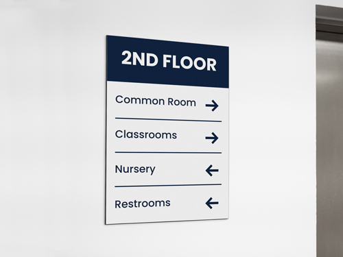 Directional Dibond sign on second floor with arrows pointing to various destinations.