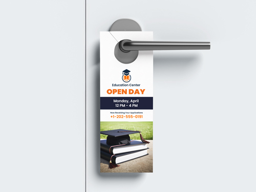 An informative door hanger for an educational center announcing about an Open Day.